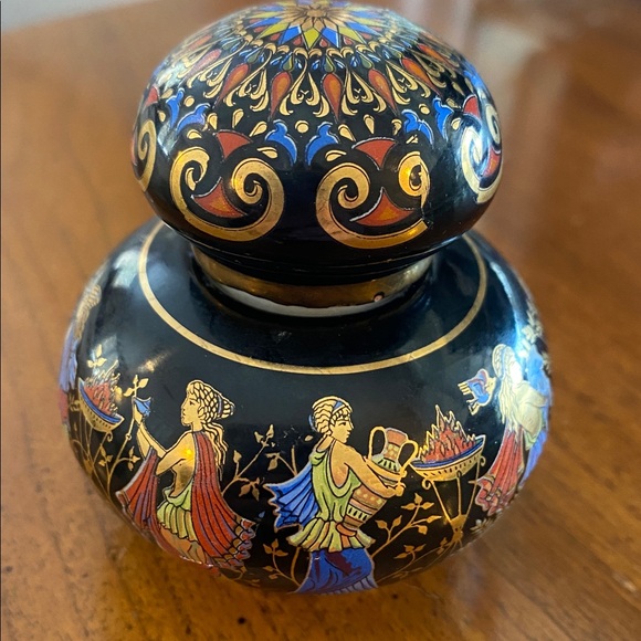 Greek mythology 24k trim Vintage Black and Gold Accent Jar with Colorful Motifs - Picture 11 of 11